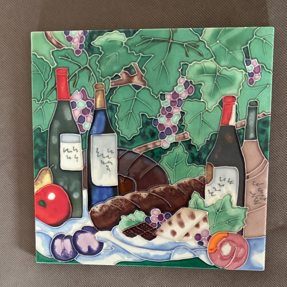 Colorful Tile with Wine and Fruit Design